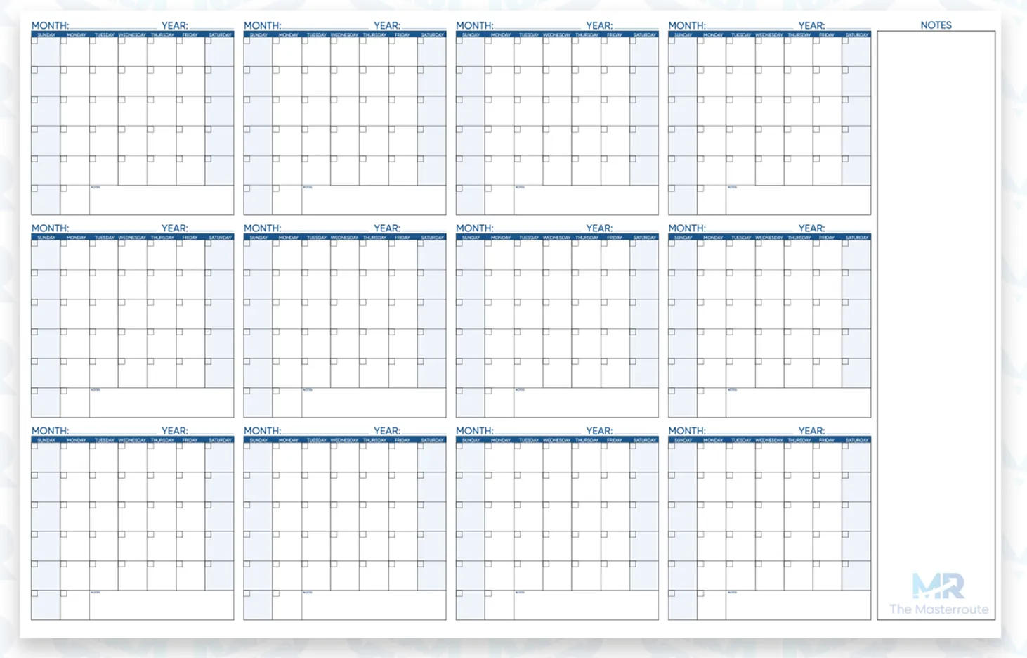 Flat view of the wall calendar: 12 month grids in a 4 by 3 layout with a full-height notes column