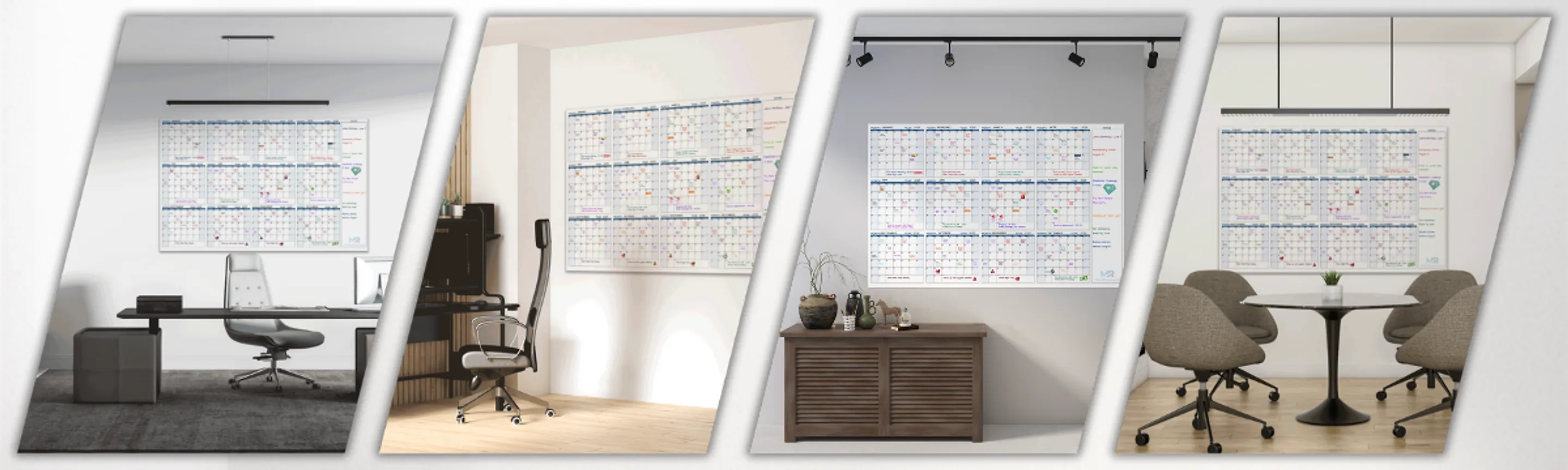 The Masterroute wall calendar shown in a home office, a living room and a classroom
