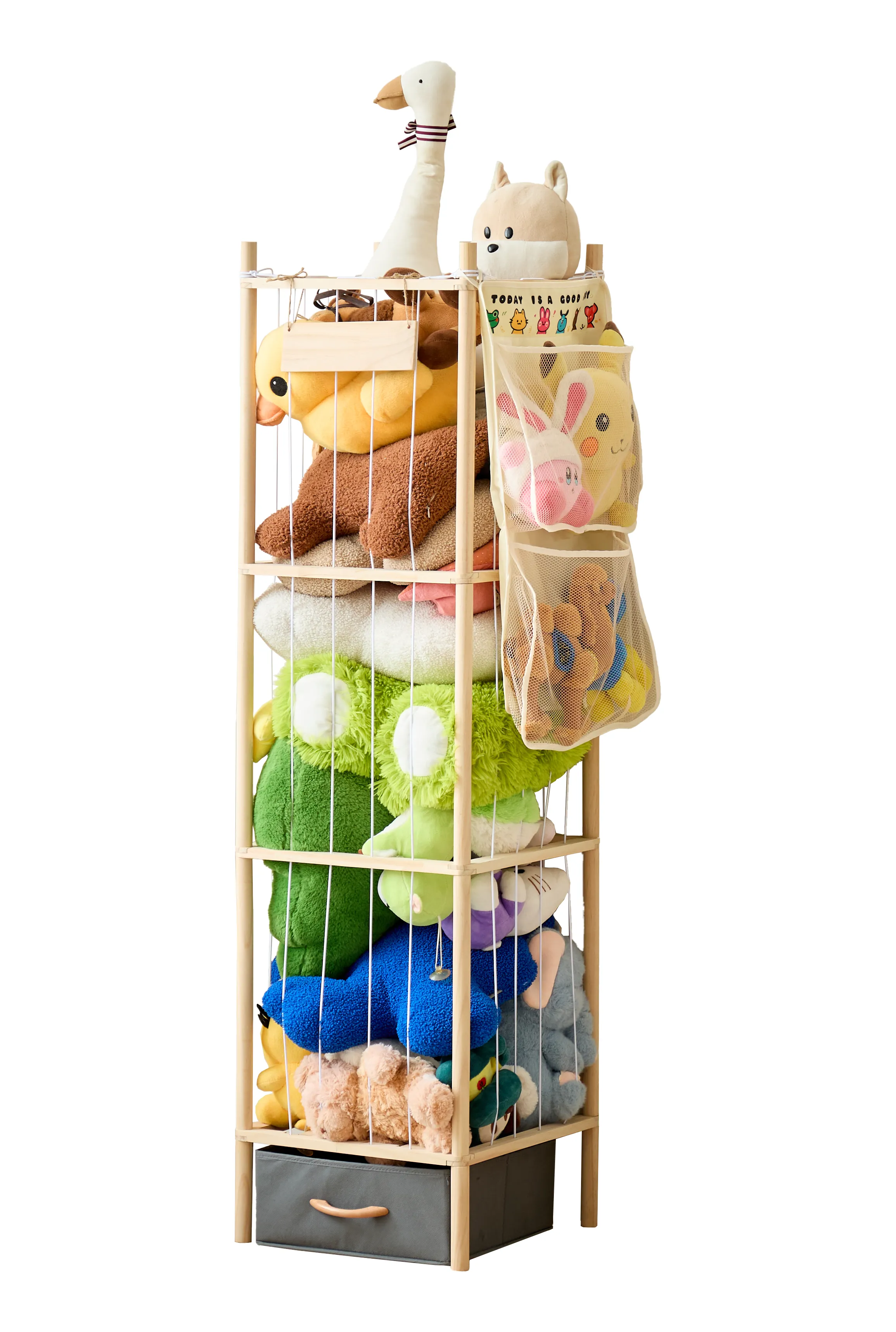 The Masterroute wooden stuffed animal organizer filled with plush toys