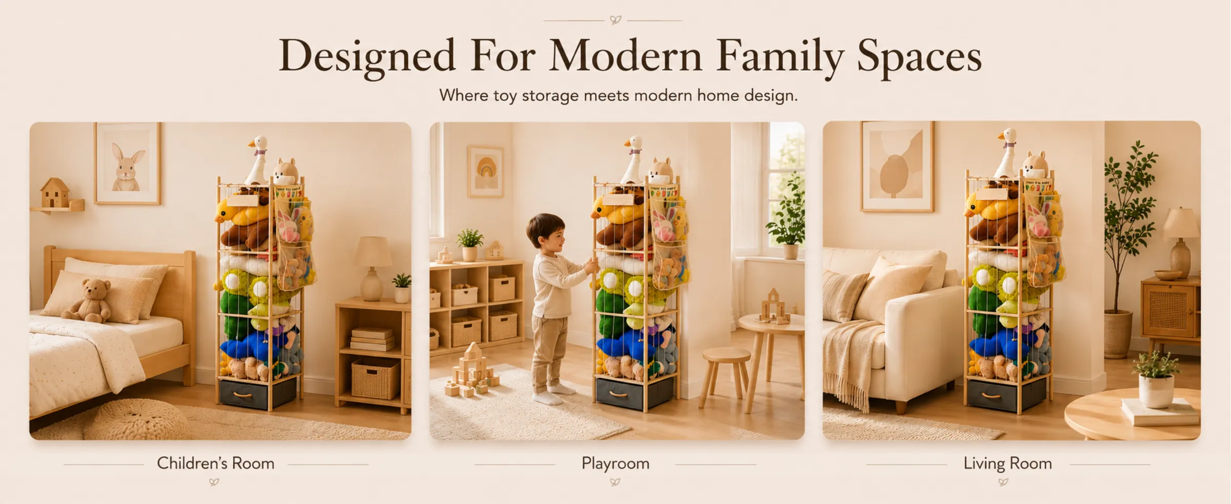 The wooden plush organizer styled in a bedroom, a playroom and a living room